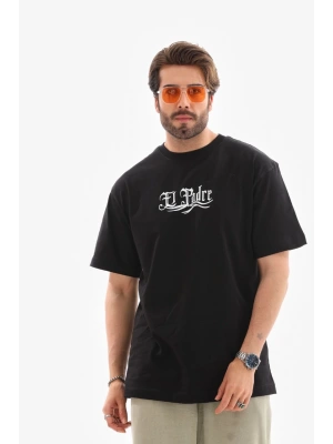 Unisex Bisiklet Yaka Baskılı Oversize T-Shirt - Siyah