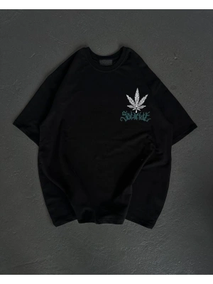 Unisex Bisiklet Yaka Baskılı Oversize T-Shirt - Siyah