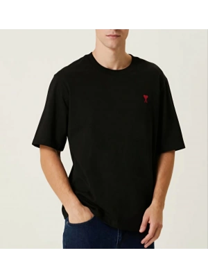 Unisex Bisiklet Yaka Baskılı Oversize T-Shirt - Siyah