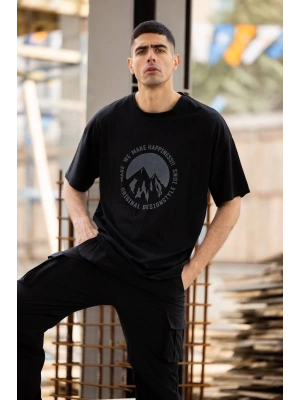 Unisex Bisiklet Yaka Baskılı Oversize T-Shirt - Siyah