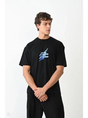 Unisex Bisiklet Yaka Baskılı Oversize T-Shirt - Siyah