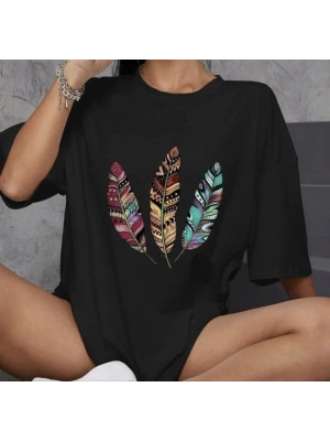 Unisex Bisiklet Yaka Baskılı Oversize T-Shirt - Siyah