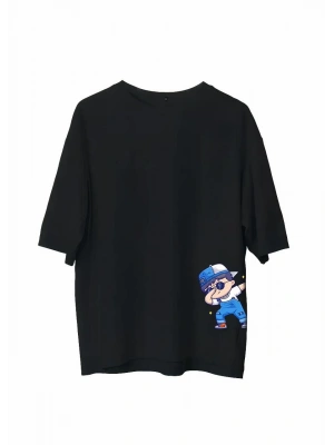 Unisex Bisiklet Yaka Baskılı Oversize T-Shirt - Siyah