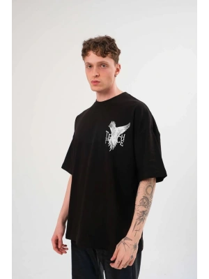 Unisex Bisiklet Yaka Baskılı Oversize T-Shirt - Siyah
