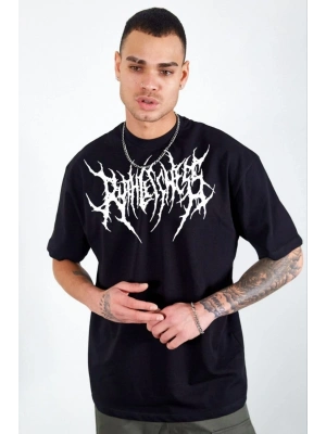 Unisex Bisiklet Yaka Baskılı Oversize T-Shirt - Siyah