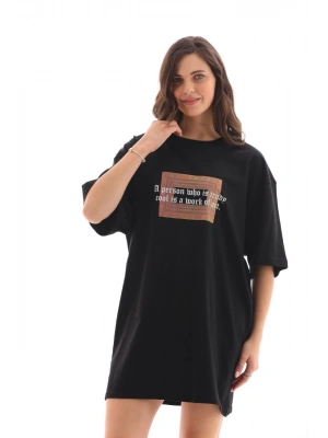Unisex Bisiklet Yaka Baskılı Oversize T-Shirt - Siyah