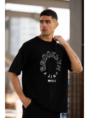 Unisex Bisiklet Yaka Baskılı Oversize T-Shirt - Siyah