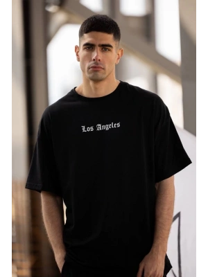 Unisex Bisiklet Yaka Baskılı Oversize T-Shirt - Siyah