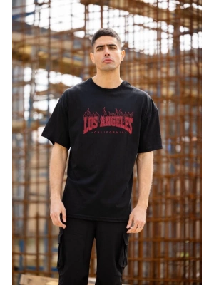 Unisex Bisiklet Yaka Baskılı Oversize T-Shirt - Siyah