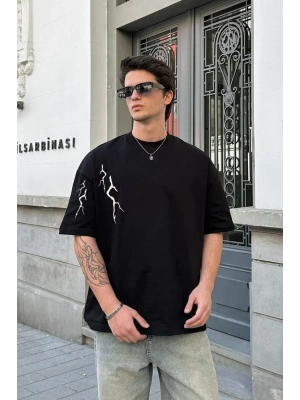 Unisex Bisiklet Yaka Baskılı Oversize T-Shirt - Siyah