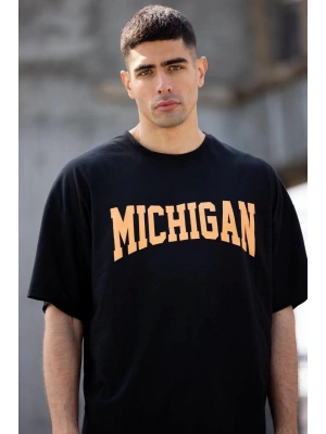 Unisex Bisiklet Yaka Baskılı Oversize T-Shirt - Siyah