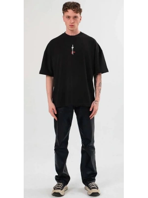 Unisex Bisiklet Yaka Baskılı Oversize T-Shirt - Siyah