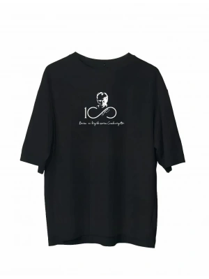 Unisex Bisiklet Yaka Baskılı Oversize T-Shirt - Siyah