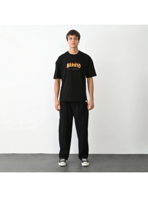 Unisex Bisiklet Yaka Baskılı Oversize T-Shirt - Siyah