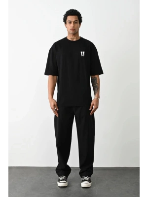 Unisex Bisiklet Yaka Baskılı Oversize T-Shirt - Siyah