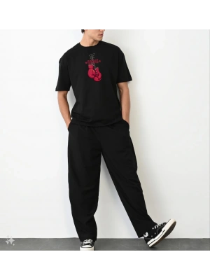 Unisex Bisiklet Yaka Baskılı Oversize T-Shirt - Siyah