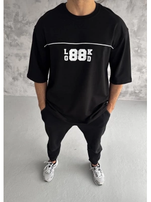 Unisex Bisiklet Yaka Baskılı Oversize T-Shirt - Siyah