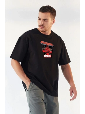 Unisex Bisiklet Yaka Baskılı Oversize T-Shirt - Siyah