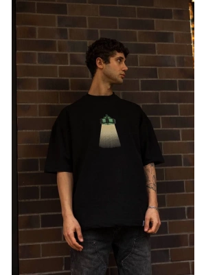 Unisex Bisiklet Yaka Baskılı Oversize T-Shirt - Siyah