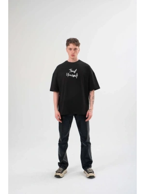 Unisex Bisiklet Yaka Baskılı Oversize T-Shirt - Siyah