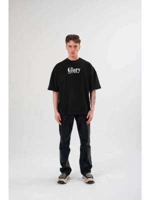 Unisex Bisiklet Yaka Baskılı Oversize T-Shirt - Siyah