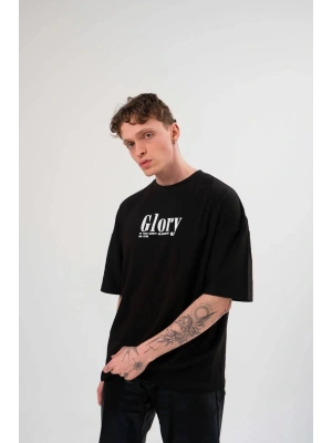 Unisex Bisiklet Yaka Baskılı Oversize T-Shirt - Siyah