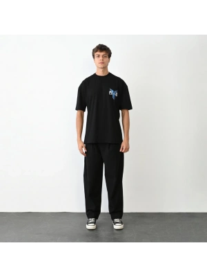 Unisex Bisiklet Yaka Baskılı Oversize T-Shirt - Siyah