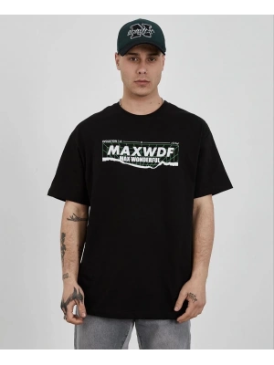 Unisex Bisiklet Yaka Baskılı Oversize T-Shirt - Siyah