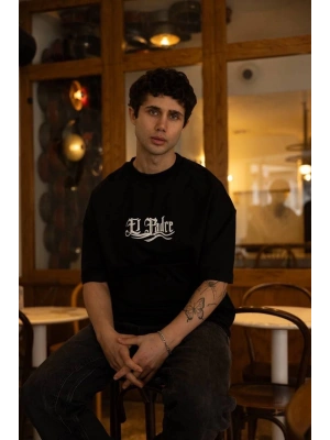 Unisex Bisiklet Yaka Baskılı Oversize T-Shirt - Siyah