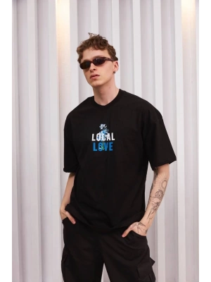 Unisex Bisiklet Yaka Baskılı Oversize T-Shirt - Siyah