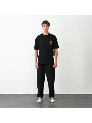 Unisex Bisiklet Yaka Baskılı Oversize T-Shirt - Siyah