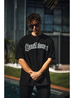 Unisex Bisiklet Yaka Baskılı Oversize T-Shirt - Siyah