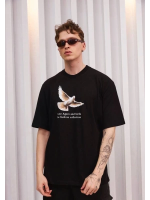 Unisex Bisiklet Yaka Baskılı Oversize T-Shirt - Siyah