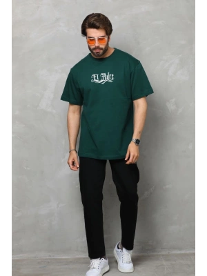 Unisex Bisiklet Yaka Baskılı Oversize T-Shirt - Yeşil