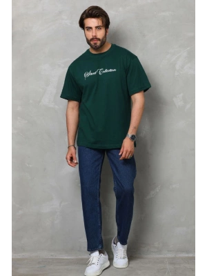 Unisex Bisiklet Yaka Baskılı Oversize T-Shirt - Yeşil