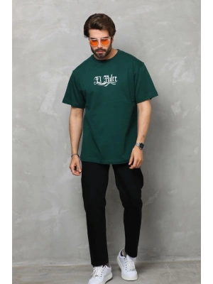 Unisex Bisiklet Yaka Baskılı Oversize T-Shirt - Yeşil