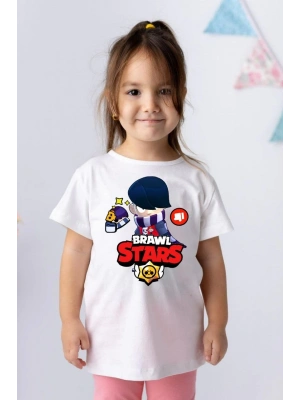 Unisex Bisiklet Yaka Kısa Kol Baskılı Çocuk T-Shirt - Beyaz