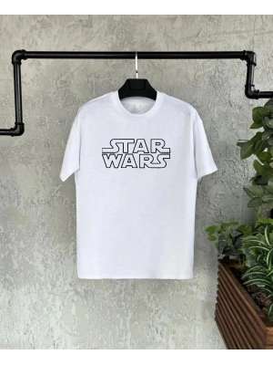 Unisex Bisiklet Yaka Kısa Kol Baskılı T-Shirt - Beyaz