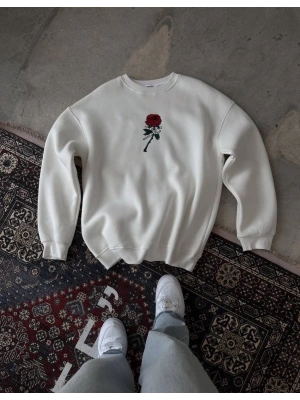 Unisex Bisiklet Yaka Ön Ve Arka Baskılı SweatShirt - Beyaz
