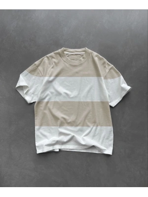 Unisex Bisiklet Yaka Parçalı T-Shirt - Bej