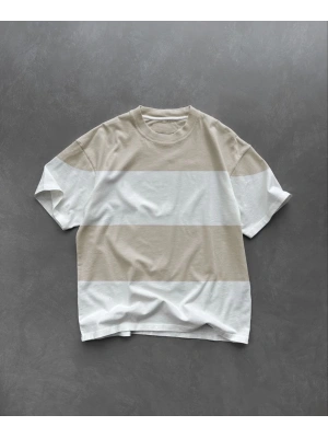 Unisex Bisiklet Yaka Parçalı T-Shirt - Bej