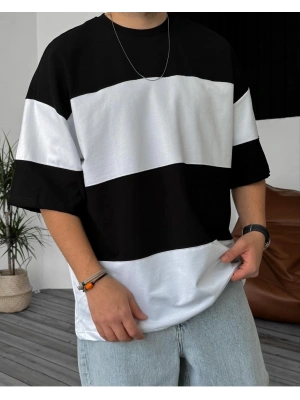 Unisex Bisiklet Yaka Parçalı T-Shirt - Siyah