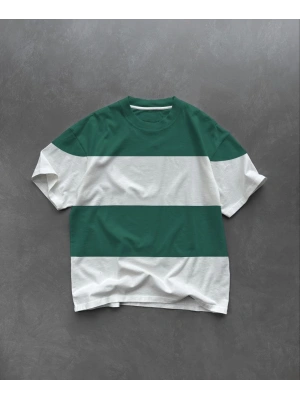 Unisex Bisiklet Yaka Parçalı T-Shirt - Yeşil