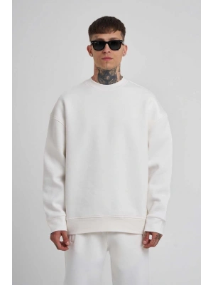 Unisex Biskilet Yaka Üç İplik SweatShirt - Beyaz