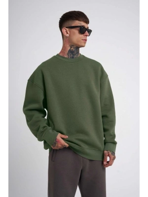 Unisex Biskilet Yaka Üç İplik SweatShirt - Haki