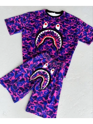 Unisex Çocuk Dijital Baskılı Şortlu Takım - Mor