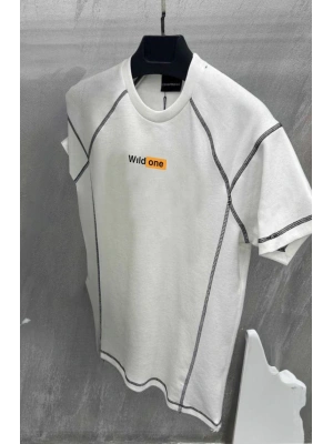 Unisex Dikişli Baskılı Oversize T-Shirt - Beyaz