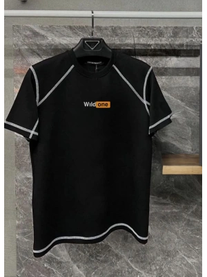 Unisex Dikişli Baskılı Oversize T-Shirt - Siyah