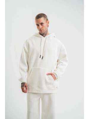 Unisex Double Oversize Kapşonlu Basic SweatShirt - Beyaz
