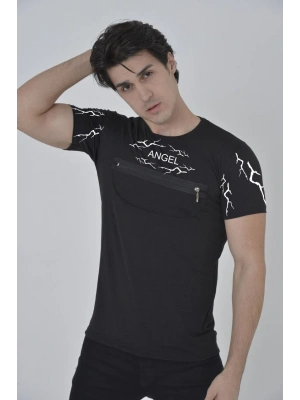 Unisex Göğüs Fermuarlı Baskılı T-Shirt - Siyah